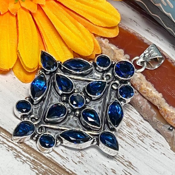 London Blue Topaz Pendant Gemstone Crystal Handmade 925 Silver Bohemian Ethnic - Picture 3 of 10